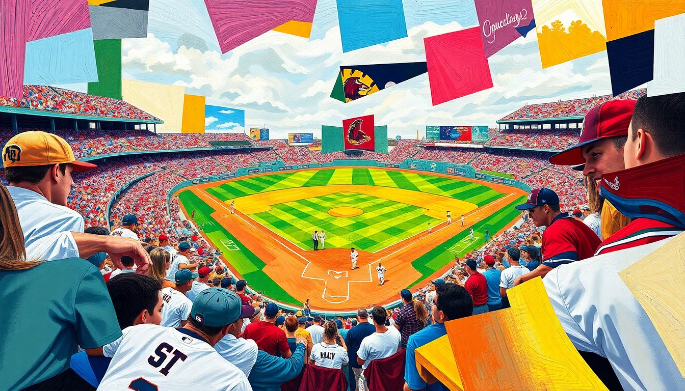 A fractured, cubist-style painting depicting the action of a college baseball game, with the players and field broken down into sharp, overlapping geometric shapes and planes in the colors of the Bulldogs and Gamecocks uniforms.
