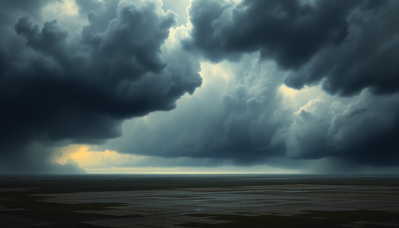 A sweeping, atmospheric landscape painting in muted tones of gray, blue, and green, depicting a vast, stormy sky looming over a flat, flooded plain, conveying the overwhelming power of an incoming weather system.