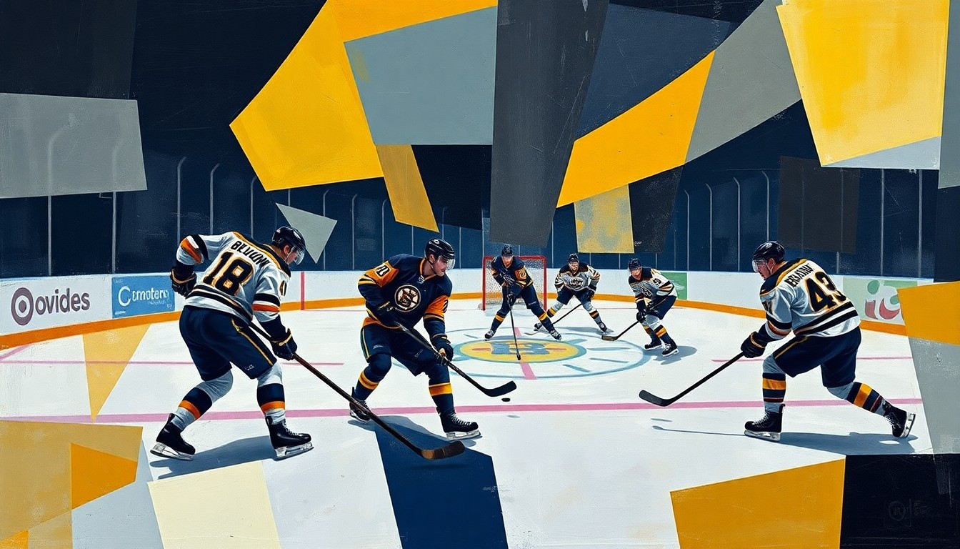 A fractured, geometric painting depicting the abstract forms of hockey players engaged in a physical confrontation on the ice, with the puck and rink surface represented by intersecting lines and shapes.