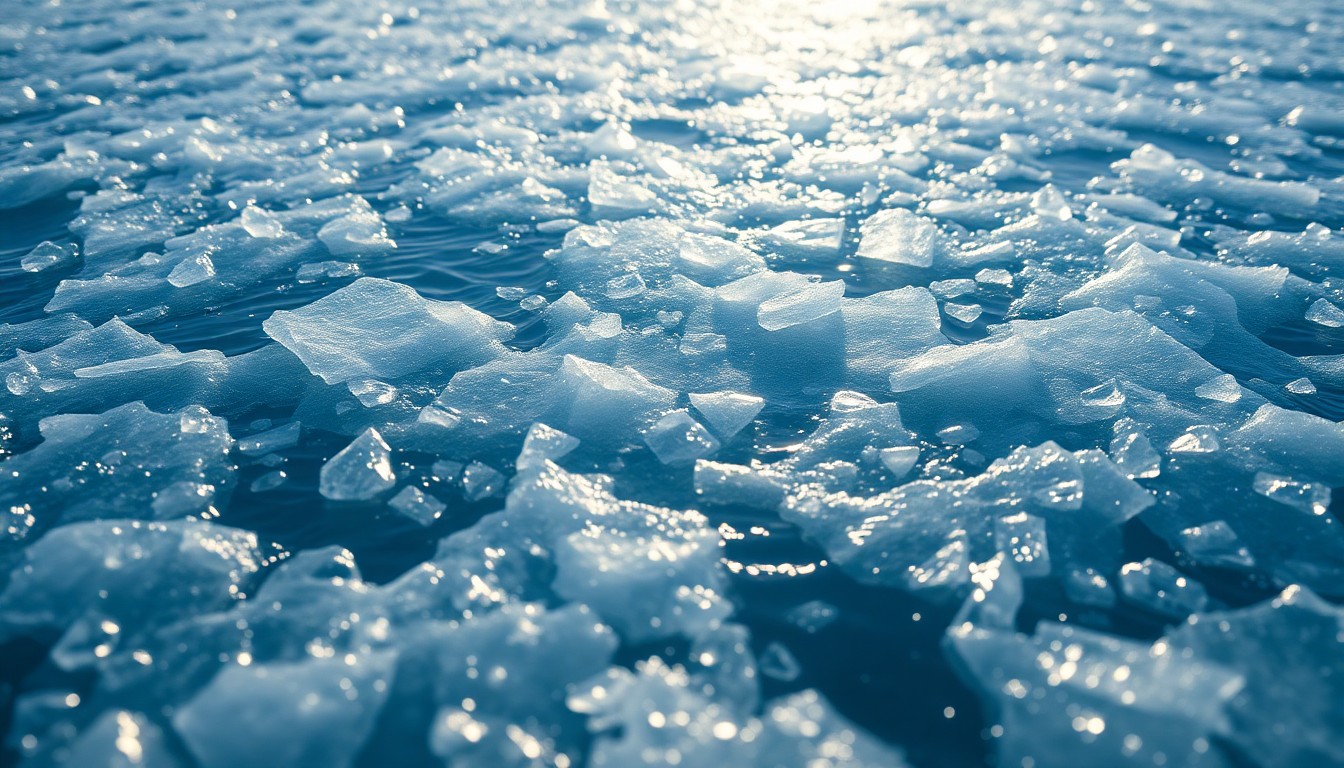 An extreme close-up photograph of the shimmering, reflective surface of Lake Erie, with the icy, crystalline texture of the water filling the frame in dramatic high-contrast lighting.