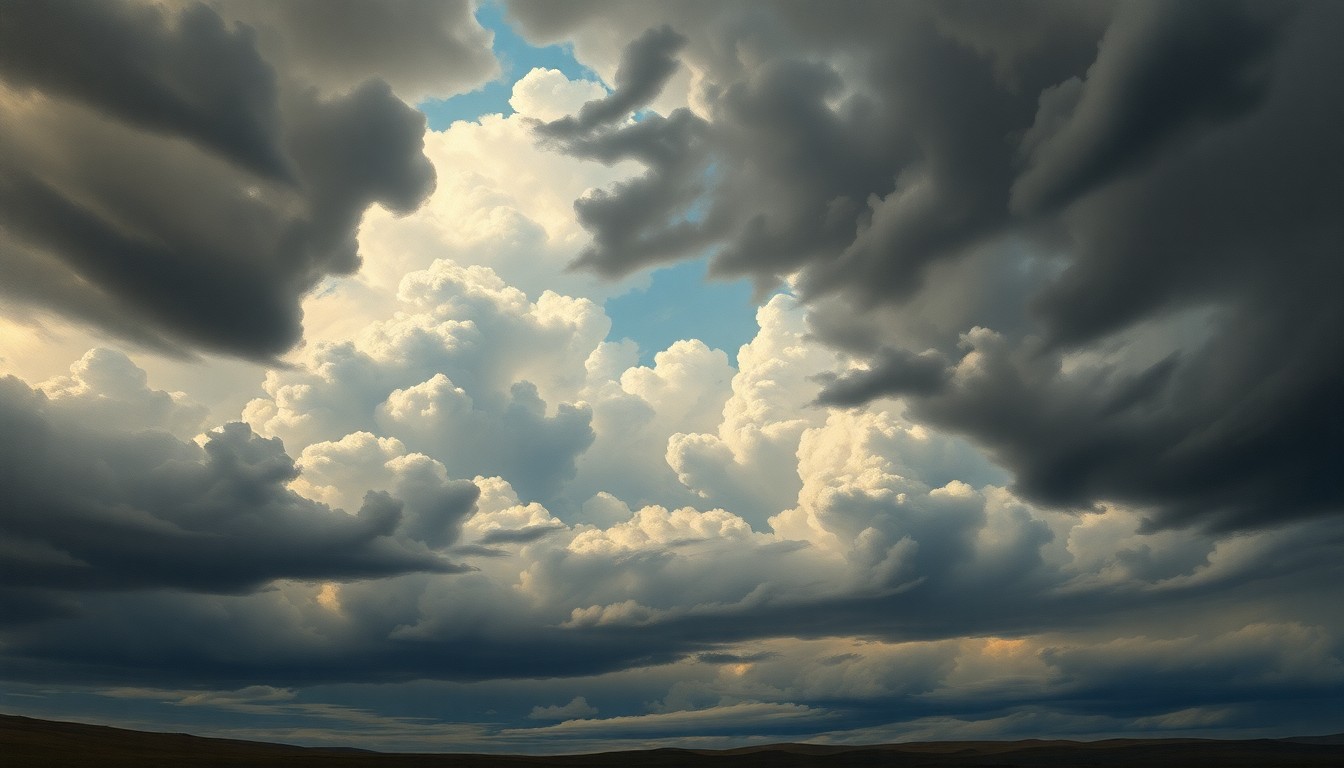 A vast, majestic landscape painting in the style of Caspar David Friedrich, depicting a sweeping, dramatic sky filled with heavy, ominous clouds. The scene conveys a sense of the overwhelming, sublime scale of the natural world, with any physical structures or objects dwarfed by the atmospheric conditions.