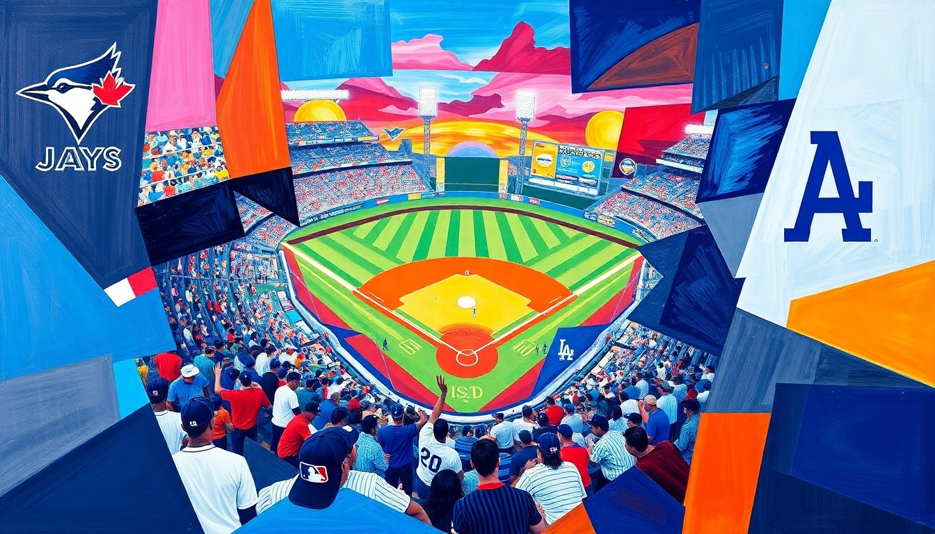 A fractured, multi-perspective painting in vibrant shades of blue, red, and white, depicting a baseball game between the Toronto Blue Jays and Los Angeles Dodgers, with the players and field broken down into sharp, overlapping geometric shapes.