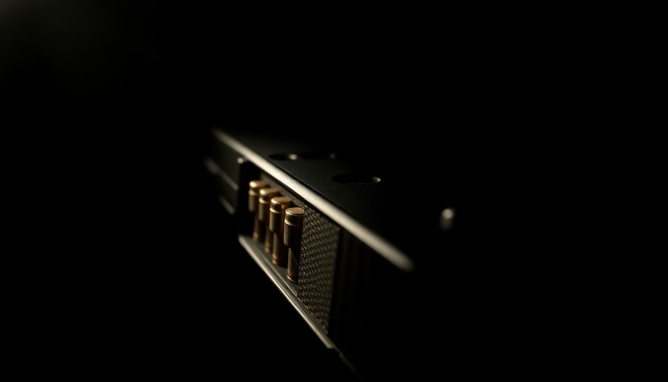 An extreme close-up photograph of a handgun magazine with ammunition, lit by a harsh, direct camera flash against a pitch-black background, conceptually illustrating the dangerous items found at the unsanctioned student gathering.