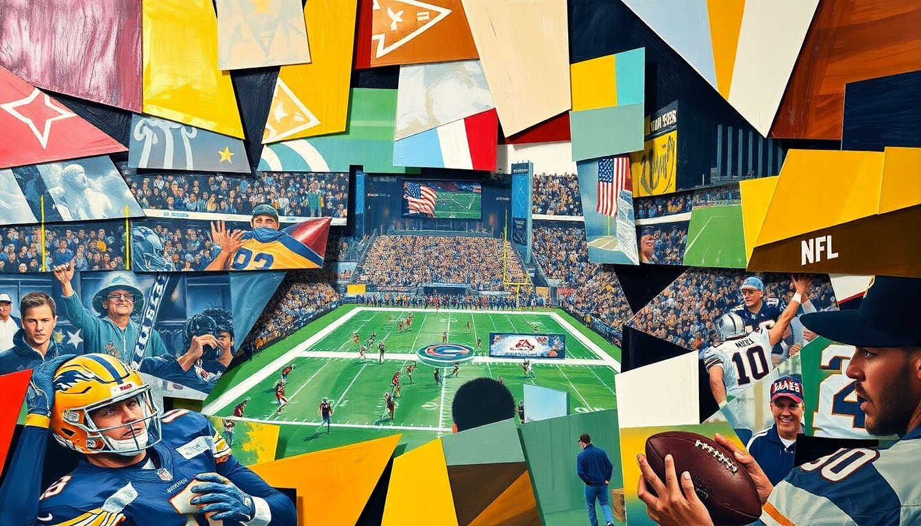 A fragmented, geometric painting depicting a football game or NFL Draft scene, with sharp, overlapping planes of color and shape representing the complex process of identifying and developing late-round talent.