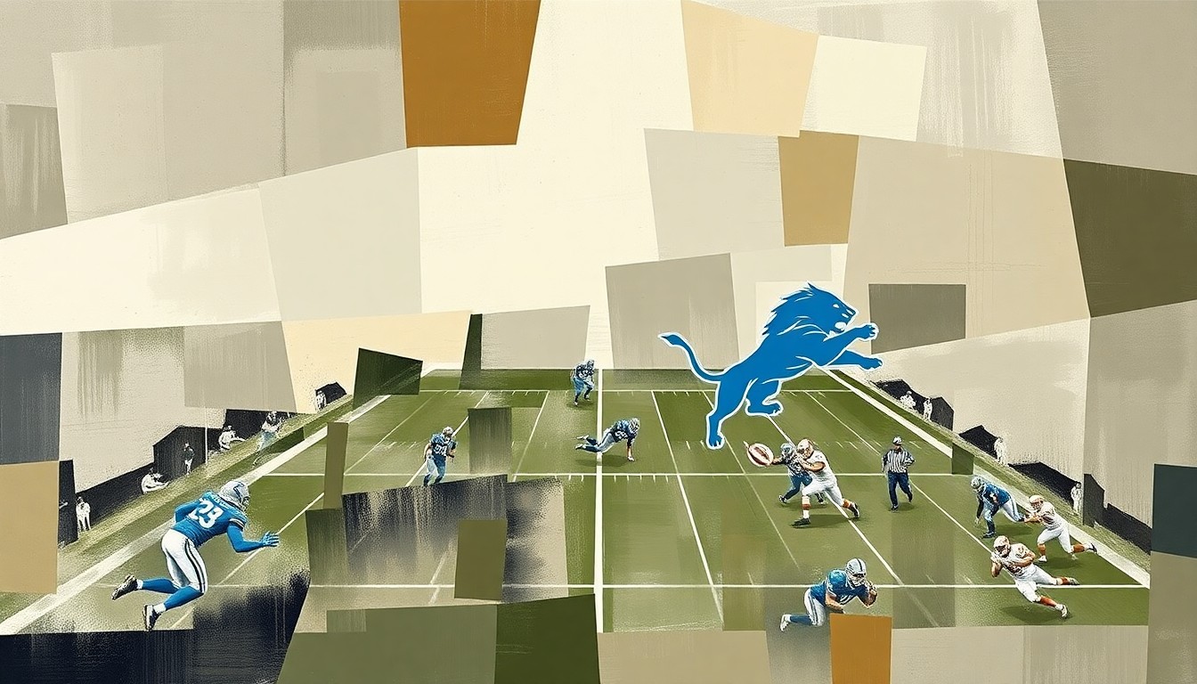 A cubist, geometric painting depicting a fragmented, multi-angled view of a Detroit Lions football player in action, with sharp, overlapping planes in muted earth tones conveying the dynamic energy and uncertainty of the upcoming NFL Draft.