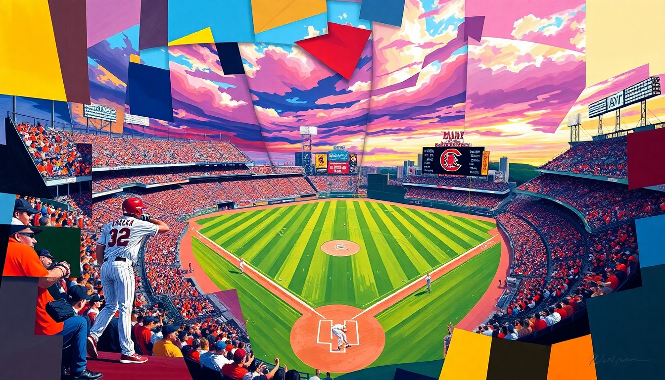 A dynamic, fragmented painting in the style of Pablo Picasso, depicting a baseball game between two teams through sharp, overlapping geometric shapes and planes of color.