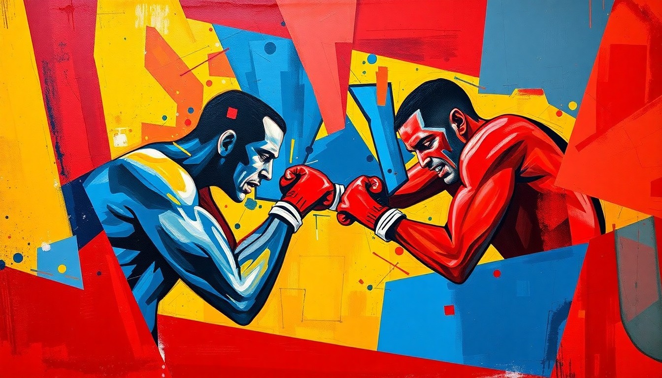 A fragmented, geometric painting depicting the action and movement of combat sports matches, with sharp planes of red, blue, and yellow conveying the intensity of the fights.