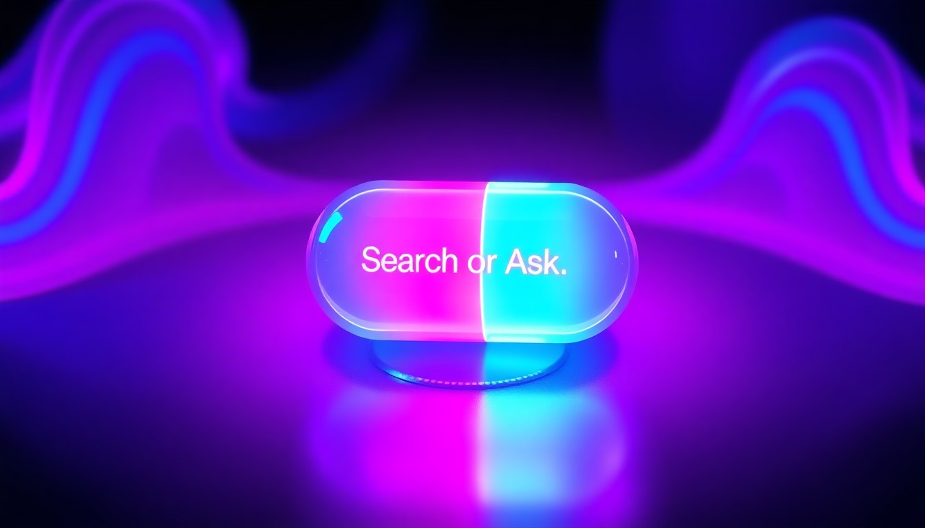 A highly detailed, glowing 3D illustration of the new Siri interface emerging from the iPhone's Dynamic Island, with neon cyan and magenta lights illuminating the expanded pill-shaped element and a pulsing cursor displayed on the screen.