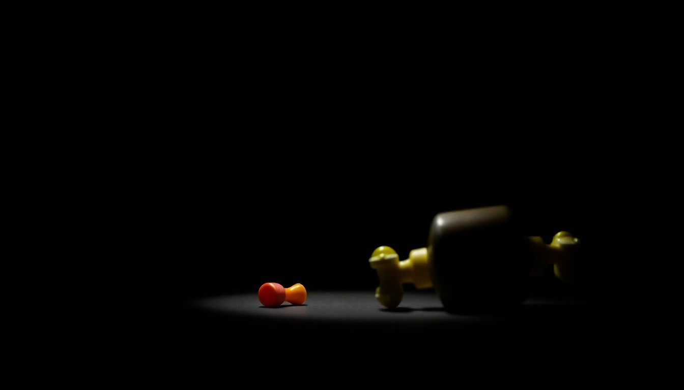 An extreme close-up photograph of a small, colorful toy, dramatically lit by a harsh, direct camera flash against a pitch-black background, conceptually representing the violence and aftermath of the assault at the San Antonio park.