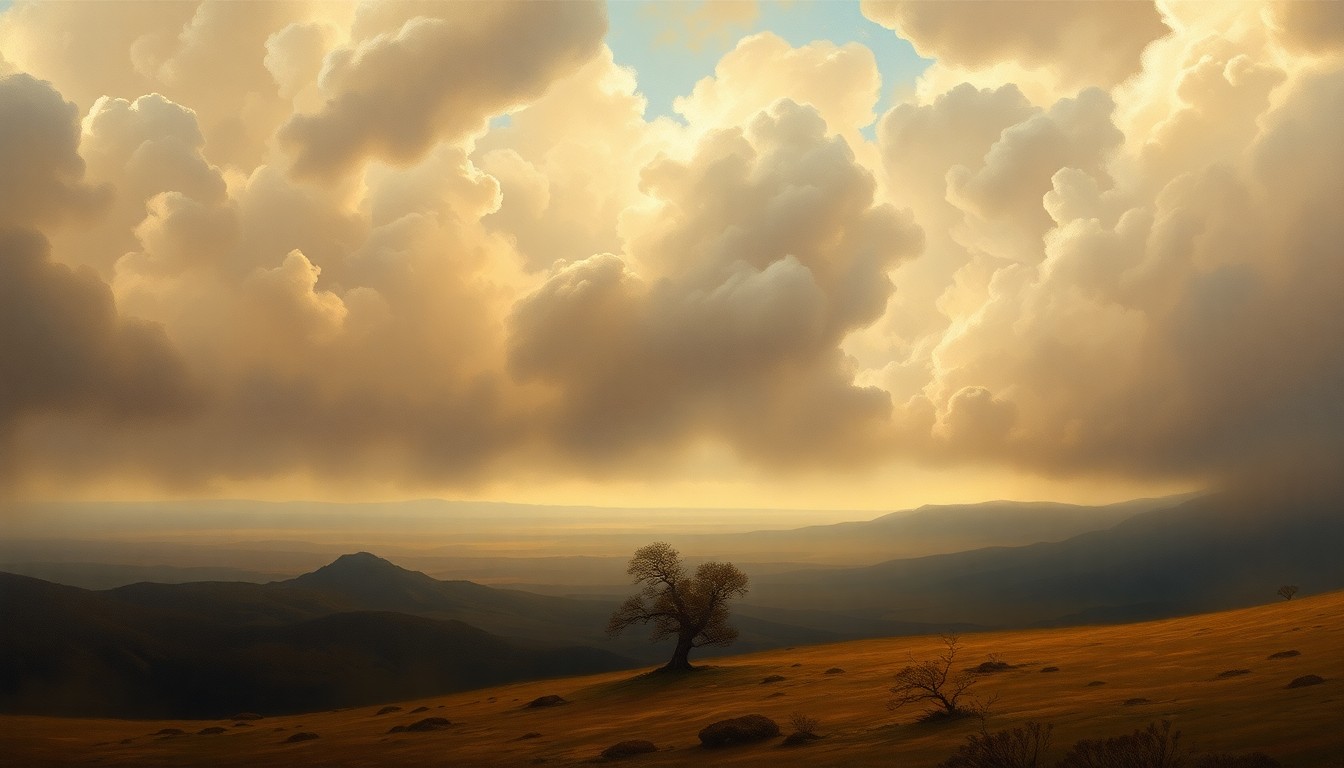 A vast, hazy landscape painting with a dramatic, cloudy sky and a lone, windswept tree in the foreground, conveying the overwhelming scale and power of the natural environment.