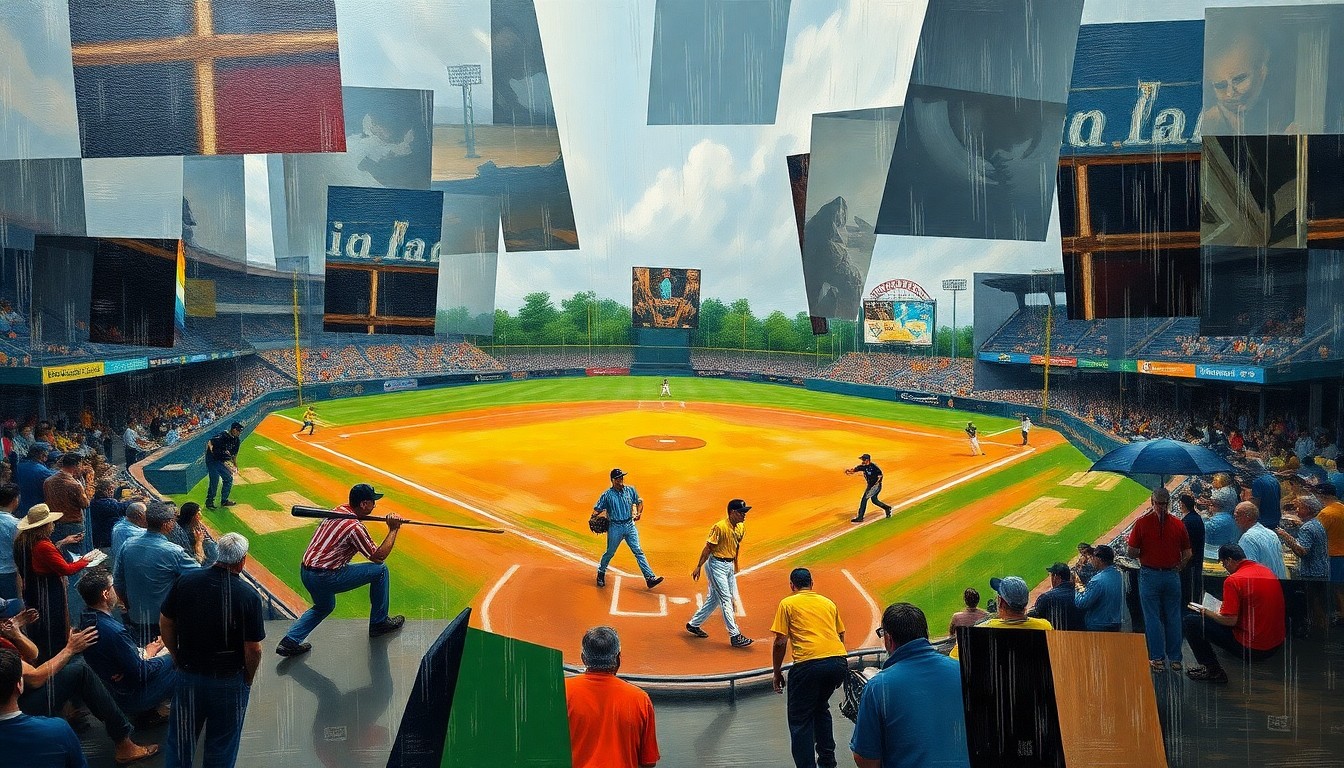 A cubist, geometric painting depicting a softball game in rainy conditions, with the players and field broken down into sharp, overlapping planes of color and shape.