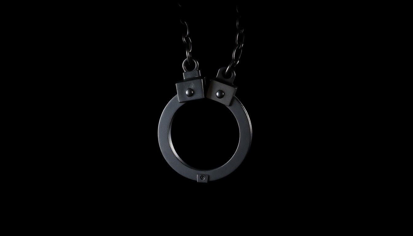 An extreme close-up photograph of a pair of handcuffs against a pitch-black background, the metal reflecting a harsh, direct camera flash, creating a stark, investigative aesthetic.