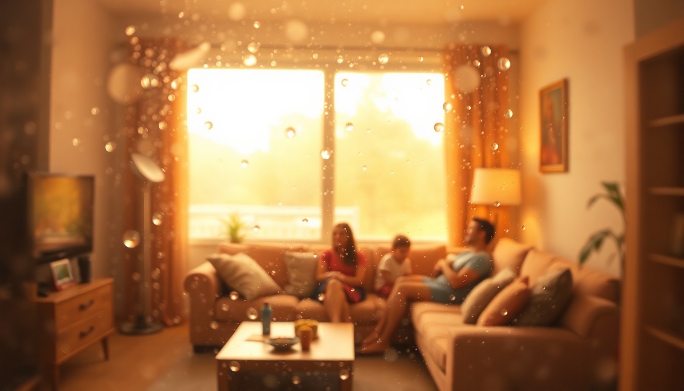 An abstract, impressionistic scene of a living room with a blurred window air conditioning unit, conveying the mood and atmosphere of staying cool during hot weather.