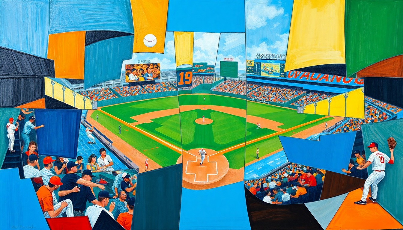 A cubist-style painting featuring overlapping geometric shapes and planes of color, representing a baseball game or match in an abstract, deconstructed manner, with no recognizable players or field elements.