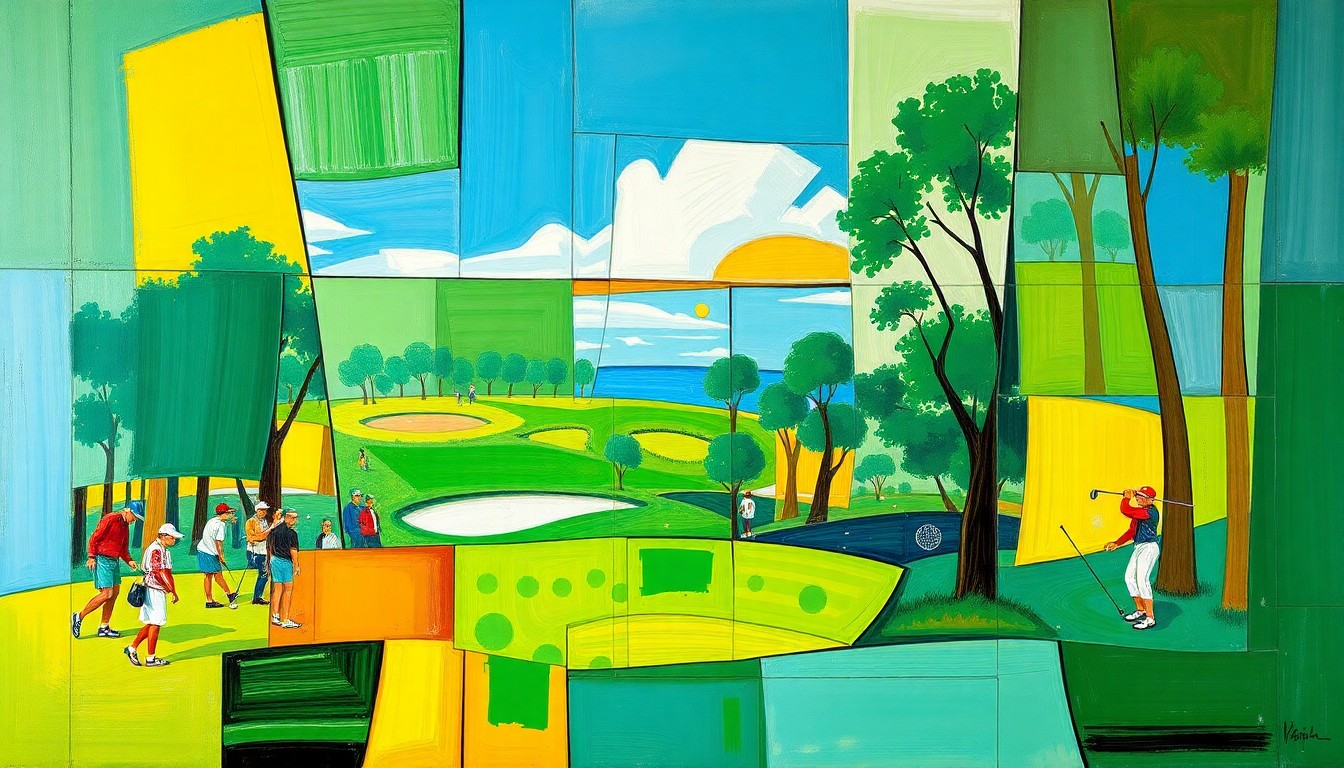 A cubist, geometric painting depicting a fractured, multi-perspective scene of a golf tournament, with sharp planes of vibrant green, blue, and yellow colors.