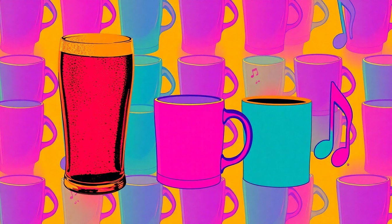 A brightly colored, high-contrast silkscreen print featuring repeating images of a beer glass, coffee mug, and music note in a grid pattern, conceptually representing the diverse offerings and lively atmosphere of the Kirby Fest.