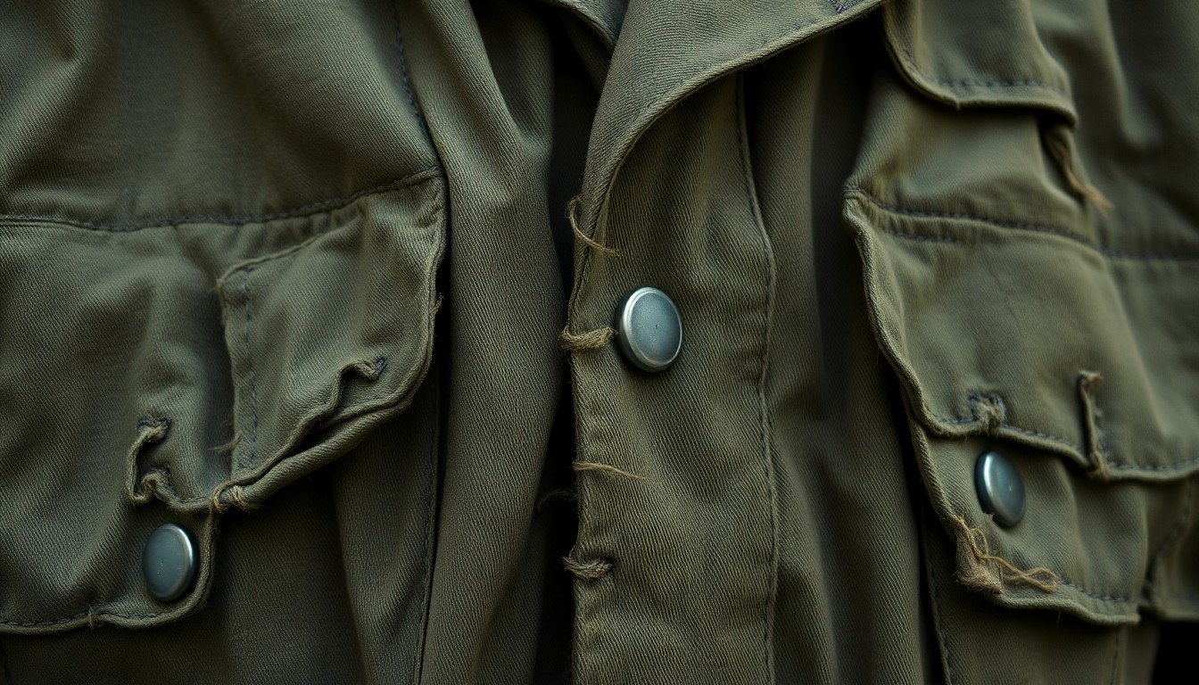 An extreme close-up photograph of a tattered, weathered military uniform jacket in muted olive drab, with frayed threads and worn fabric textures conveying the emotional weight of wartime service.