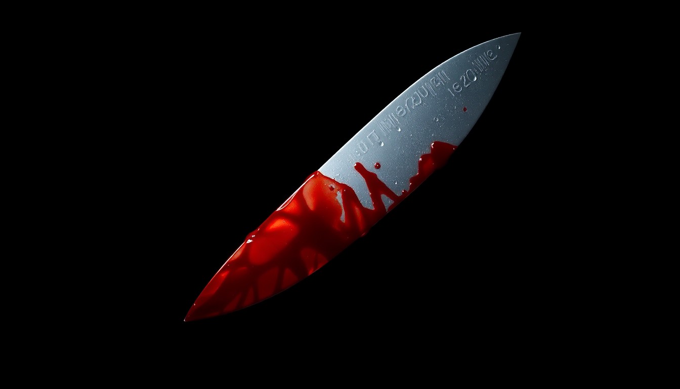 An extreme close-up of a single bloody knife blade against a pitch-black background, creating a stark, gritty, investigative aesthetic.