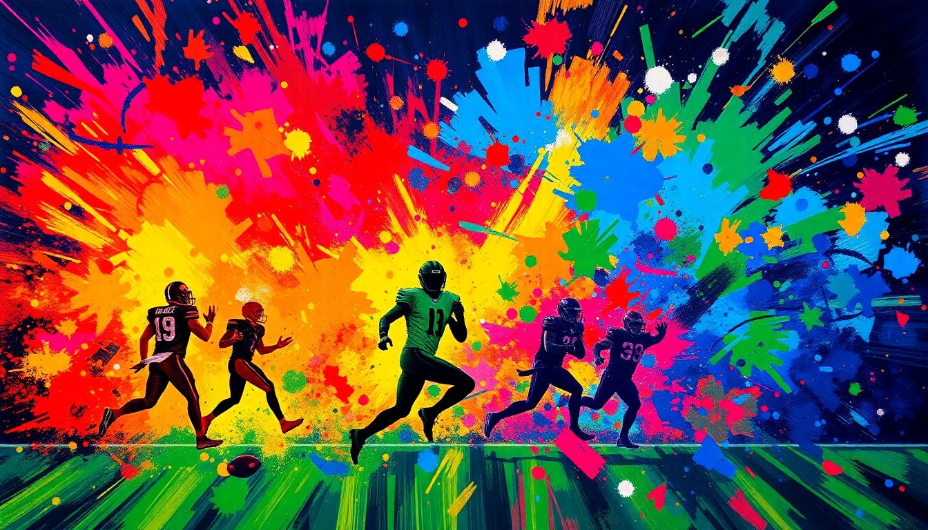 An abstract expressionist painting in vibrant neon colors, with blurred shapes and silhouettes of football players and equipment, capturing the excitement and energy of the NFL Draft.