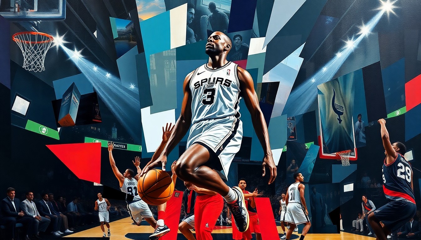 A cubist-style painting depicting a basketball game, with the dominant figure of Victor Wembanyama at the center, his movements and presence fragmented and distorted across the canvas in sharp, overlapping geometric shapes and planes.