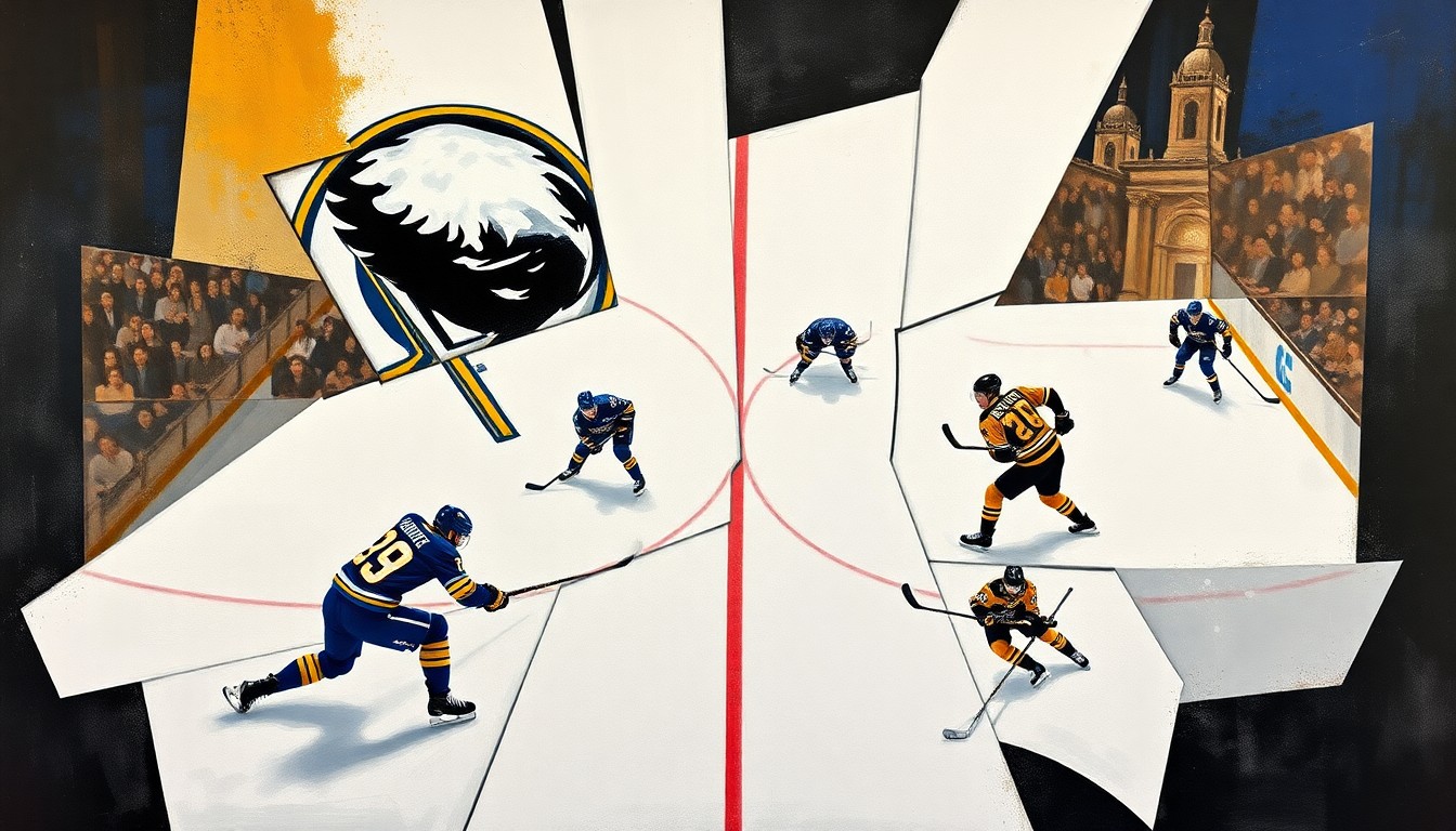 A fractured, multi-angled painting depicting the action of a hockey game, with the players and the rink broken down into sharp, overlapping geometric shapes and planes in shades of blue, gold, black, and white, conveying the raw competitive spirit of the playoff series.