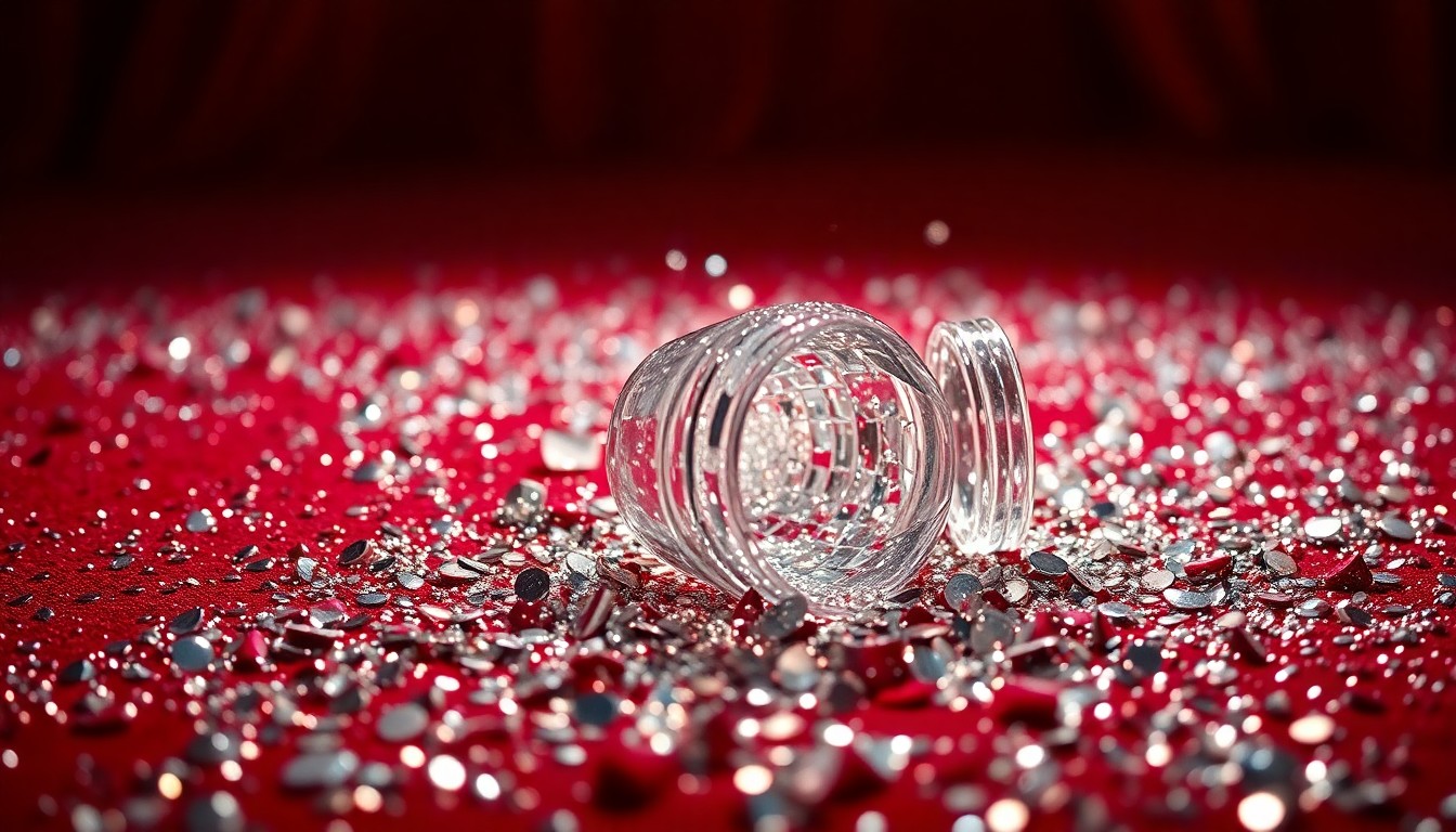 An extreme close-up of shimmering sequins and shattered glass, capturing the luxurious, high-fashion aesthetic of a red carpet event through dramatic lighting and abstract texture.