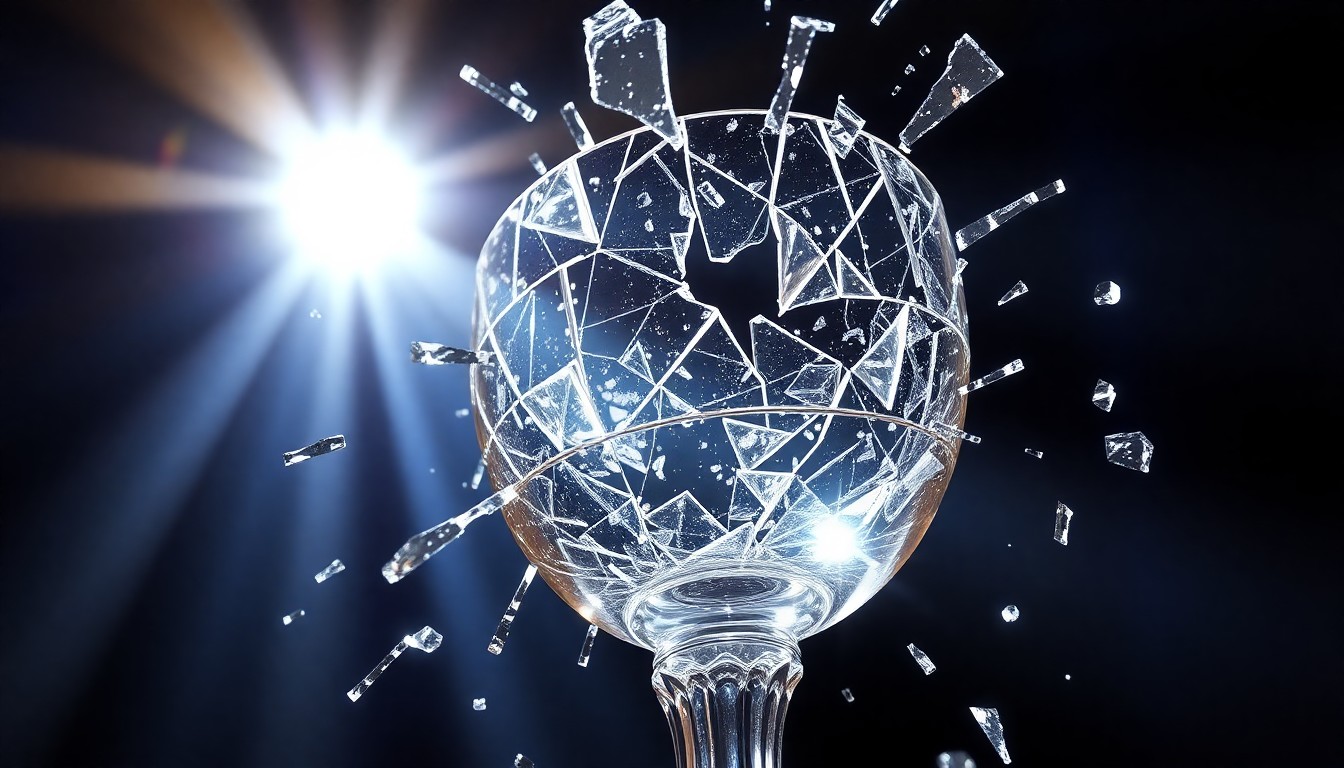An extreme close-up photograph of shattered glass reflecting a bright spotlight, conceptually representing the high-stakes competition and glamour of the Jeopardy! game show.