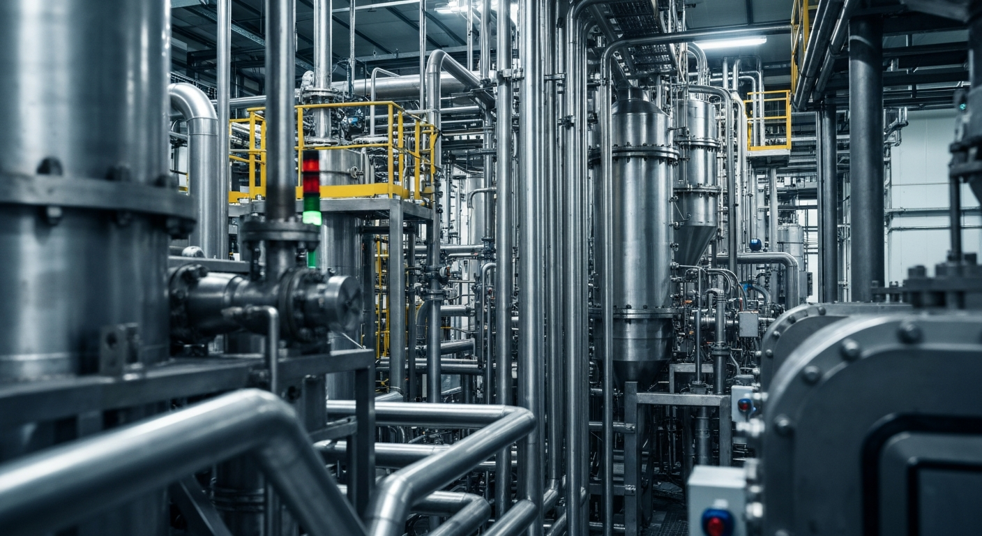 A highly detailed, black-and-white close-up image of the inner workings of a pharmaceutical manufacturing facility, showcasing the intricate machinery, pipes, and industrial equipment used to produce medicines on a large scale.
