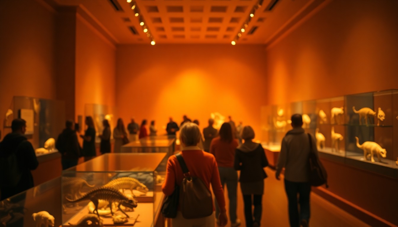 An abstract, impressionistic photograph showing blurred figures observing natural specimens in a dimly lit museum gallery, with soft pools of warm light and color creating a dreamlike, atmospheric scene.