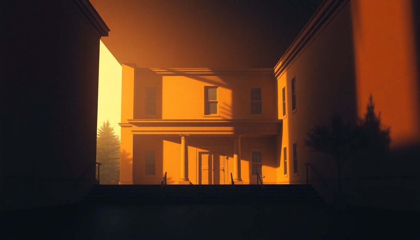 A serene, photorealistic painting of a university building in warm, golden sunlight, with deep shadows across the facade, conveying a sense of contemplation and uncertainty about the future of higher education funding.