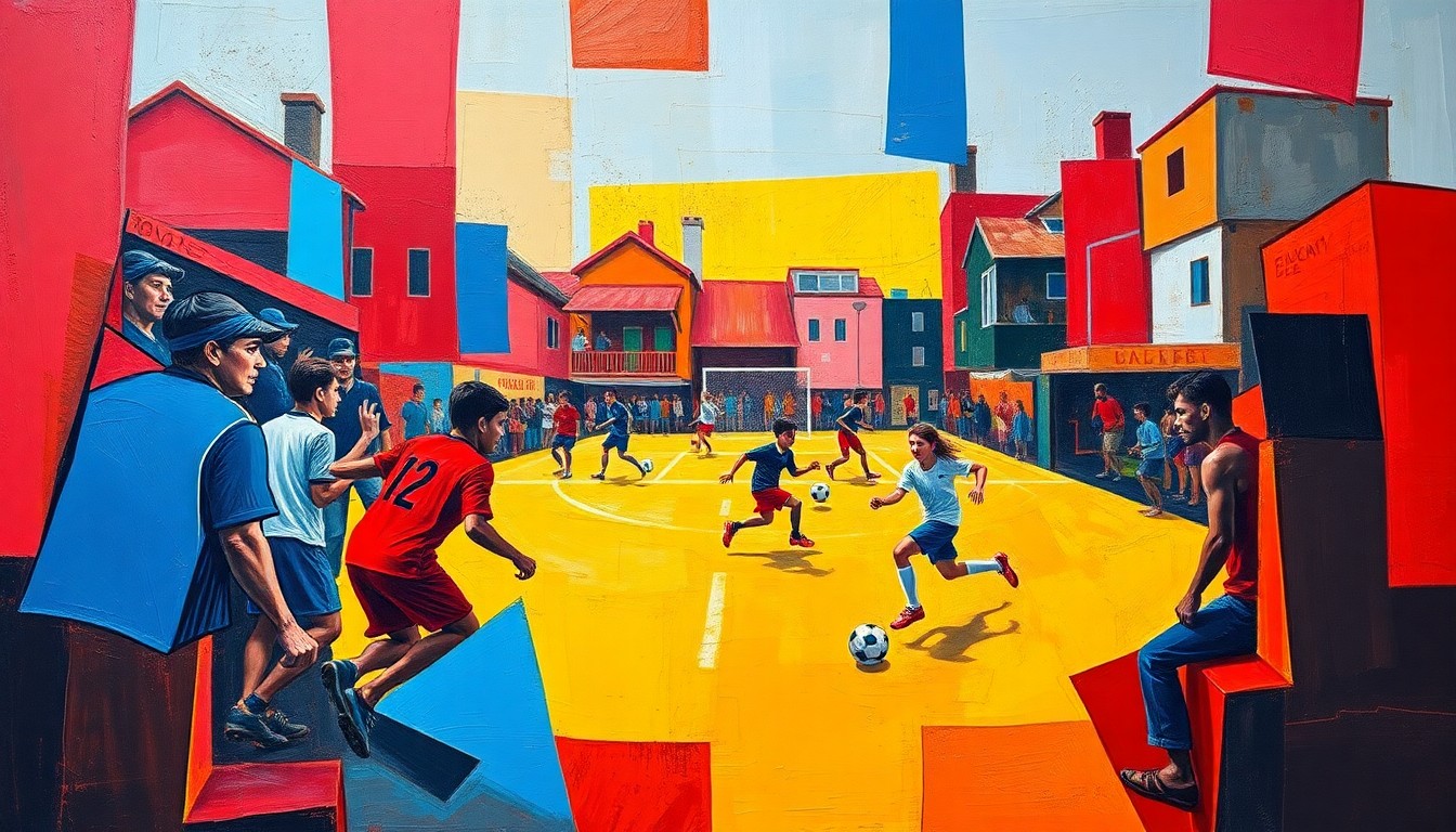 A cubist, geometric painting depicting an abstract soccer match, with overlapping planes of bright primary colors representing the energy and community spirit of the event.