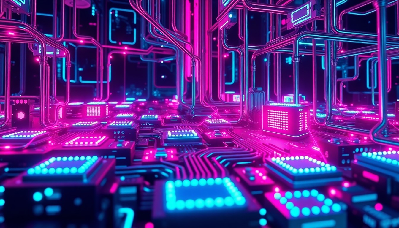 A highly detailed, 3D illustration of a glowing, cybernetic network of interconnected hardware components, representing the complex infrastructure powering the AI-driven software revolution.