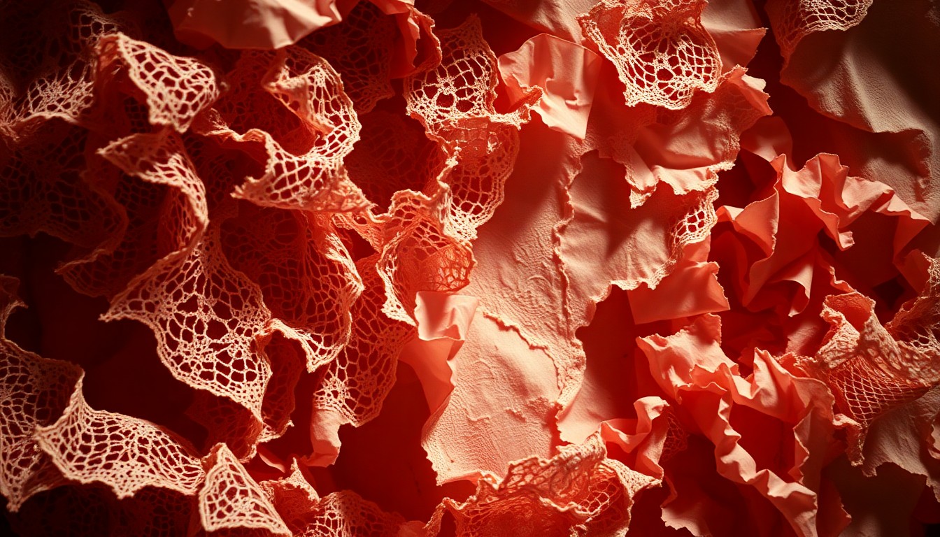 An abstract close-up photograph featuring crumpled, tattered fabrics in shades of pink, purple and white, conveying a sense of personal transformation and the exploration of gender identity through the artist's use of found materials.