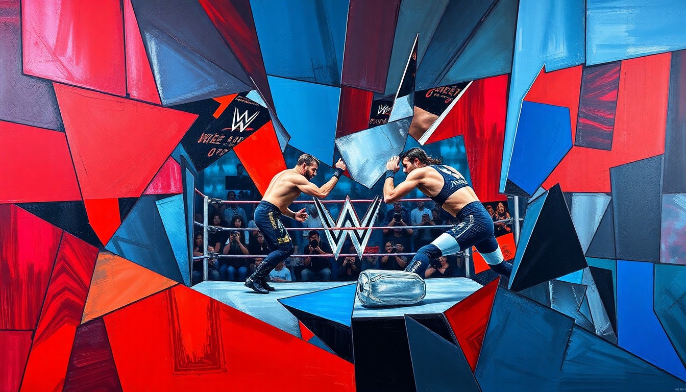 A cubist, geometric painting depicting a fractured, multi-angled view of a WWE wrestler's ankle, conveying the physical toll and unpredictability of professional wrestling.