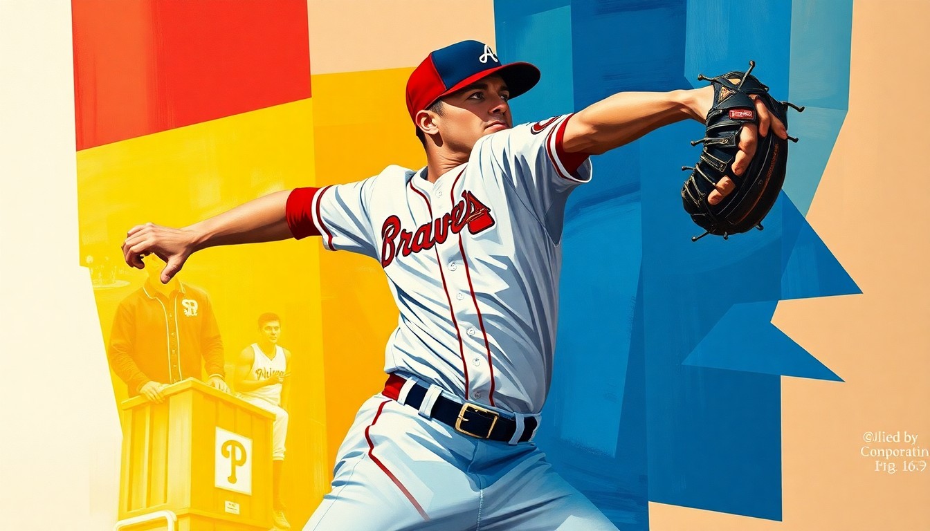 A fractured, cubist-style painting depicting the motion of a baseball pitcher, with sharp geometric planes in the Braves' navy blue and red colors, as well as the Phillies' red and white, conceptually representing the depth of Atlanta's pitching staff.