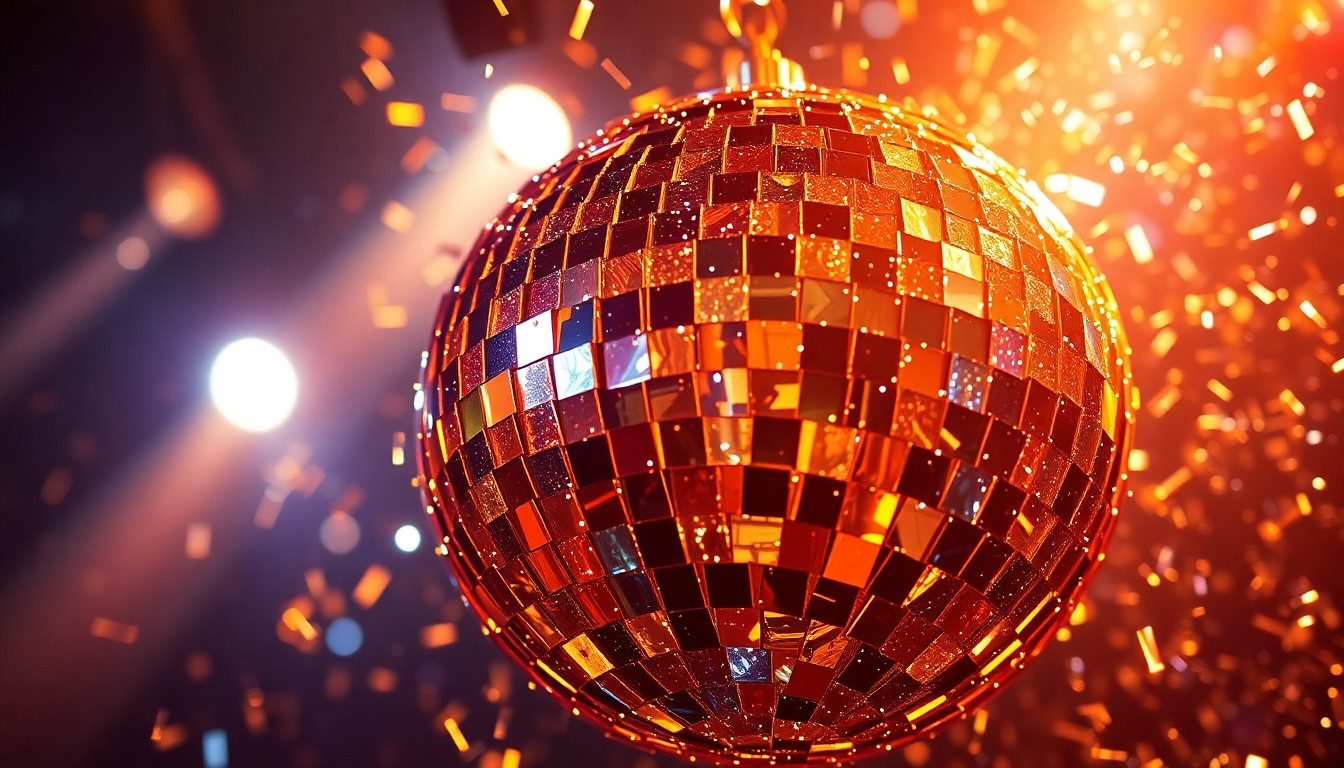 An abstract close-up image of shimmering, reflective disco ball fragments against a dark background, capturing the high-energy glamour of a surprise musical performance.