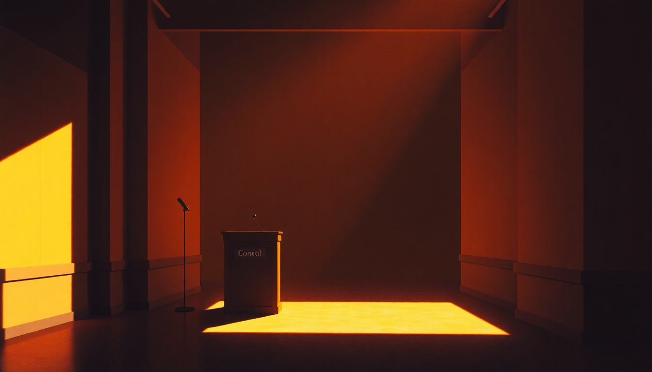 A serene, painterly image of a city council podium set against a dimly lit urban backdrop, bathed in warm, directional light that casts deep shadows, conveying a sense of quiet contemplation and civic responsibility.