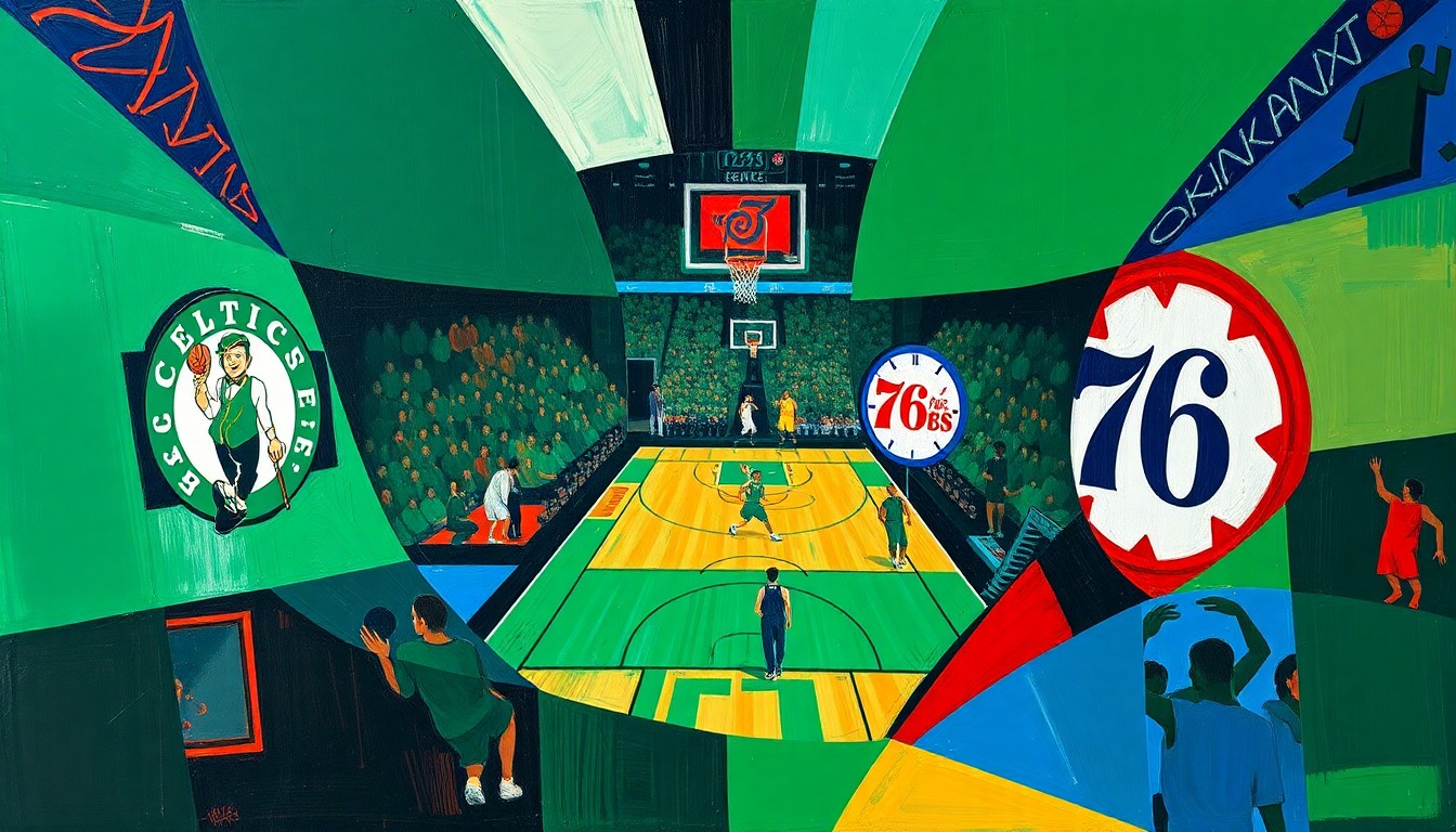A fragmented, cubist-style painting depicting a basketball game between the Boston Celtics and Philadelphia 76ers, with the players and court broken down into overlapping geometric shapes and planes of vibrant green, blue, and red colors.