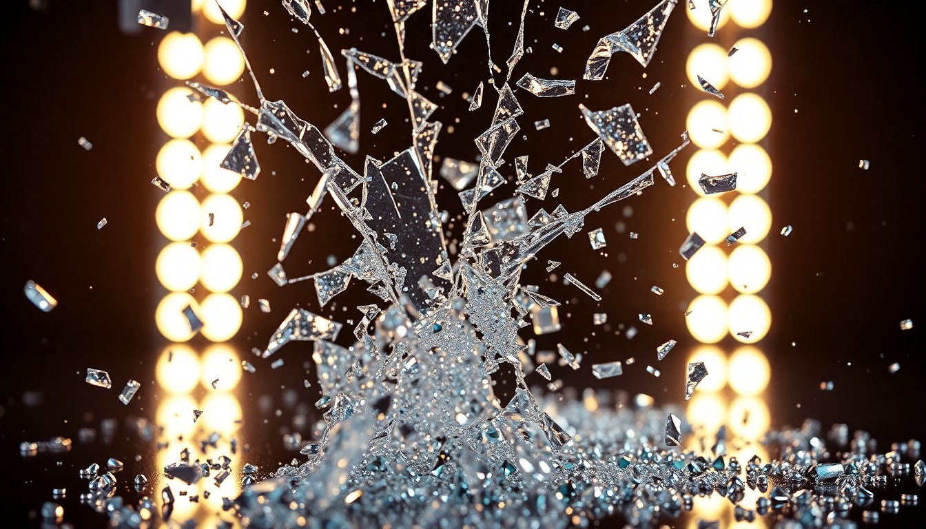 An extreme close-up of shattered glass and glittering sequins in dramatic, high-contrast studio lighting, conceptually representing the glamour and controversy of the entertainment industry.
