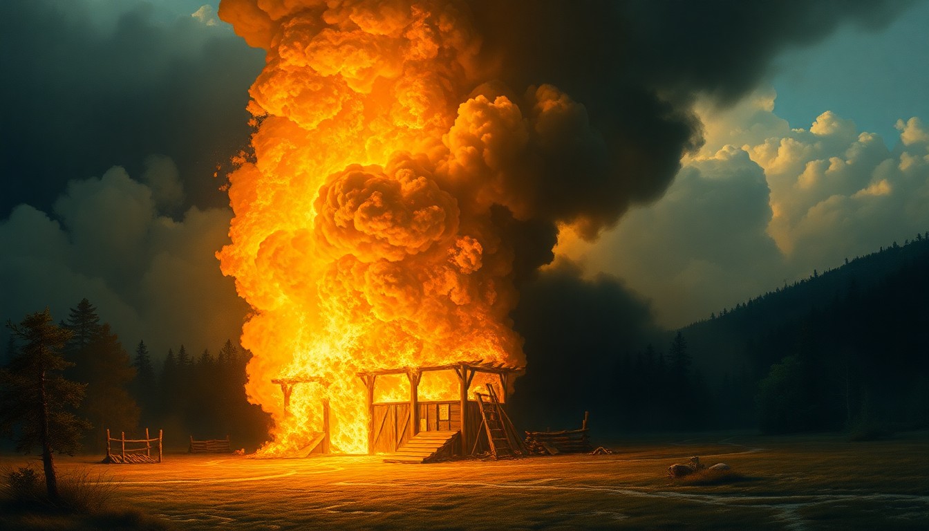 A dramatic landscape painting in the style of Caspar David Friedrich, depicting a large fire consuming a rural structure, with the intense flames and smoke appearing small and insignificant against the sweeping, atmospheric perspective of the natural environment.