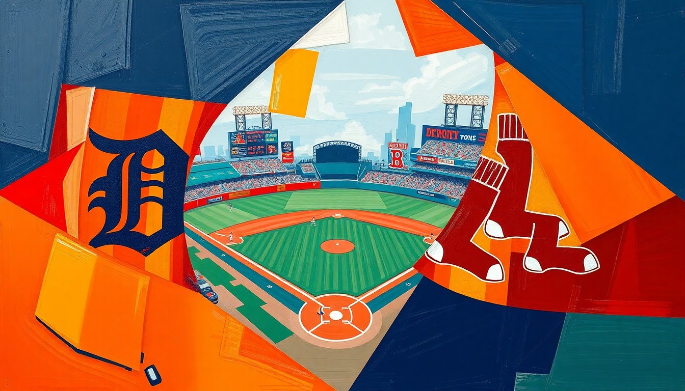 A fractured, multi-perspective painting breaking down a baseball game between the Detroit Tigers and Boston Red Sox into sharp, overlapping geometric planes of vibrant orange, red, and navy blue.
