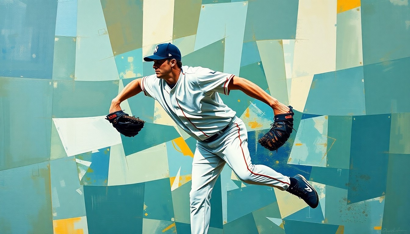 A cubist, geometric painting depicting the overlapping, fragmented motion of a baseball pitcher's delivery and strikeout, with sharp planes of color and form representing the raw power and athleticism of the sport.