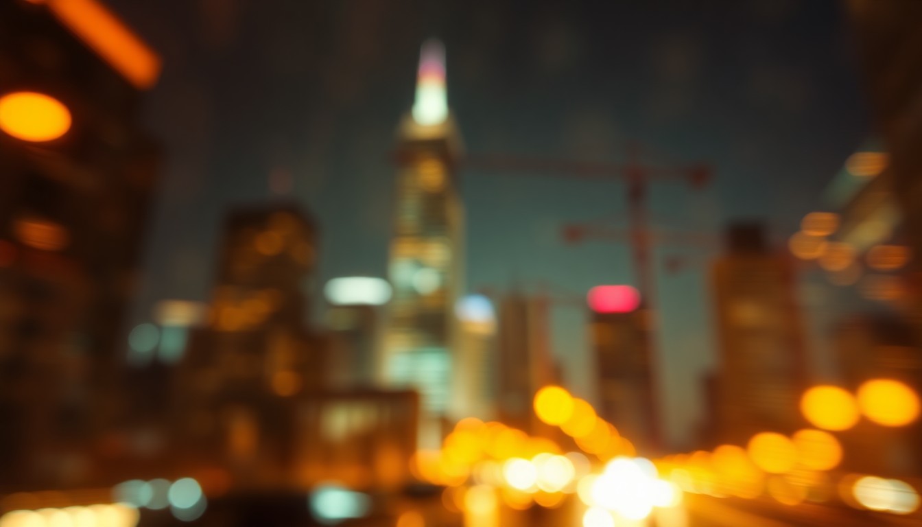 An impressionistic, out-of-focus cityscape with blurred skyscrapers and cranes in the background, surrounded by a warm, golden glow of lights in the foreground, conveying the energy and promise of Texas cities for recent college graduates.
