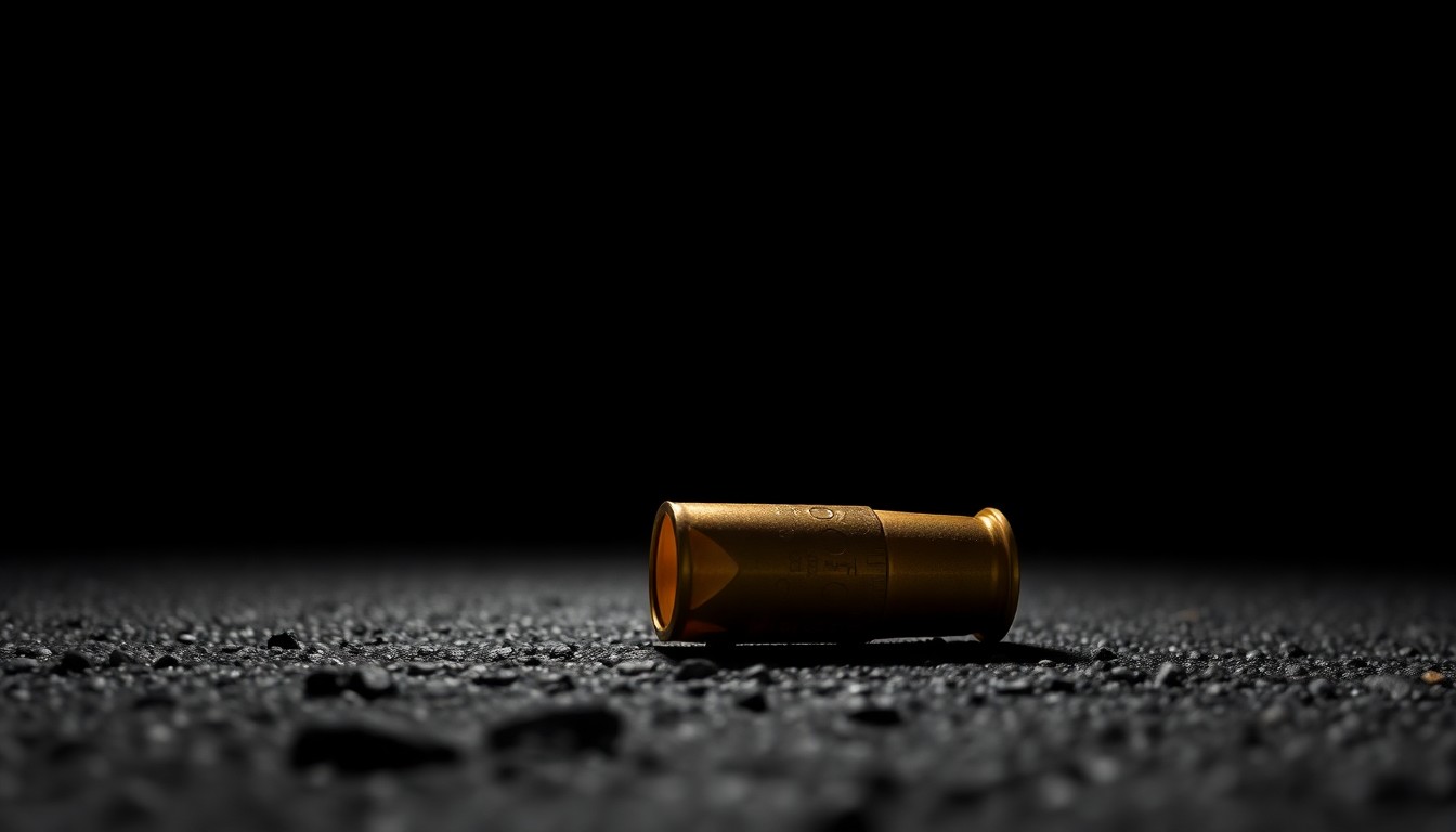 An extreme close-up of a spent shell casing on the dark asphalt, the harsh flash illuminating the metallic texture and creating a stark, gritty aesthetic that evokes the serious, investigative nature of the crime scene.