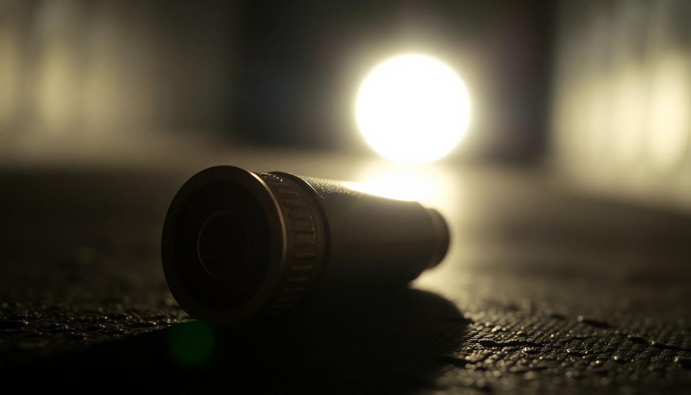 An extreme close-up of a spent bullet casing on a dark, textured surface, lit by a harsh, direct camera flash, conceptually illustrating the violence of a campus shooting.