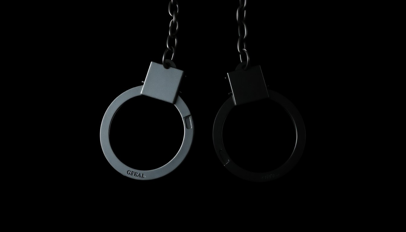 An extreme close-up of a pair of metal handcuffs against a stark black background, creating a gritty, investigative aesthetic through the use of harsh, direct flash lighting.