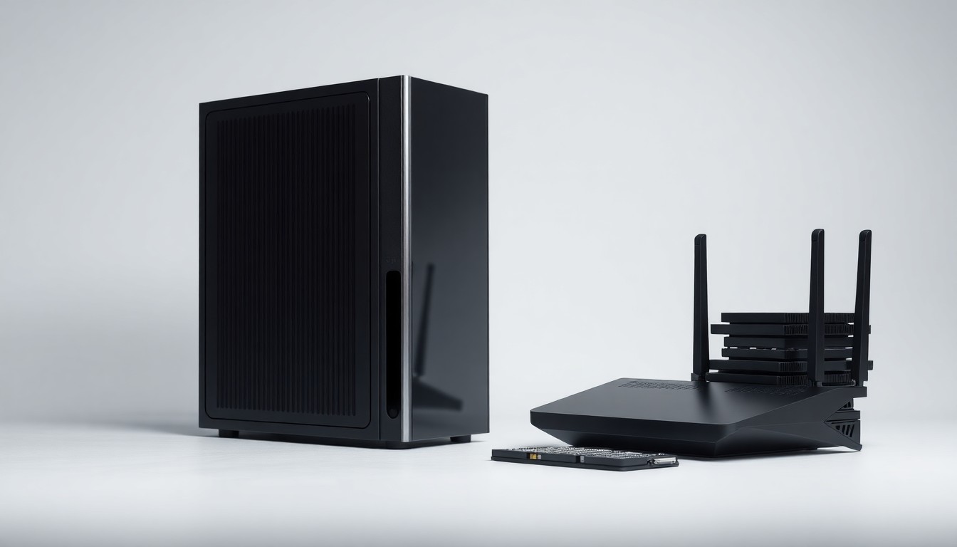 A photorealistic studio still life featuring a polished metal server rack, a sleek black router, and a stack of glossy circuit boards arranged elegantly on a clean, white background, conceptually representing the abstract power and infrastructure of cloud computing and AI.