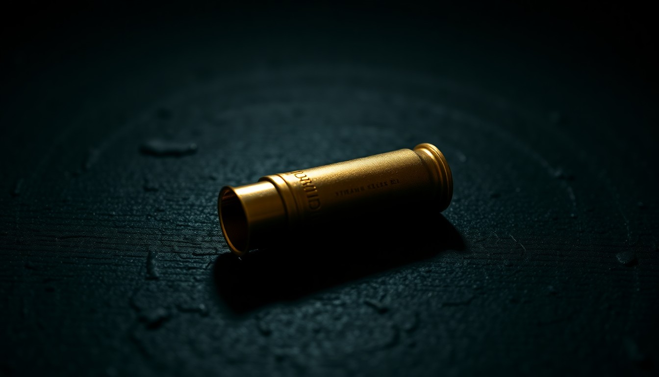 An extreme close-up photograph of a single spent shell casing on a dark, textured surface, lit by a harsh camera flash, conceptually illustrating the aftermath of a shooting incident.