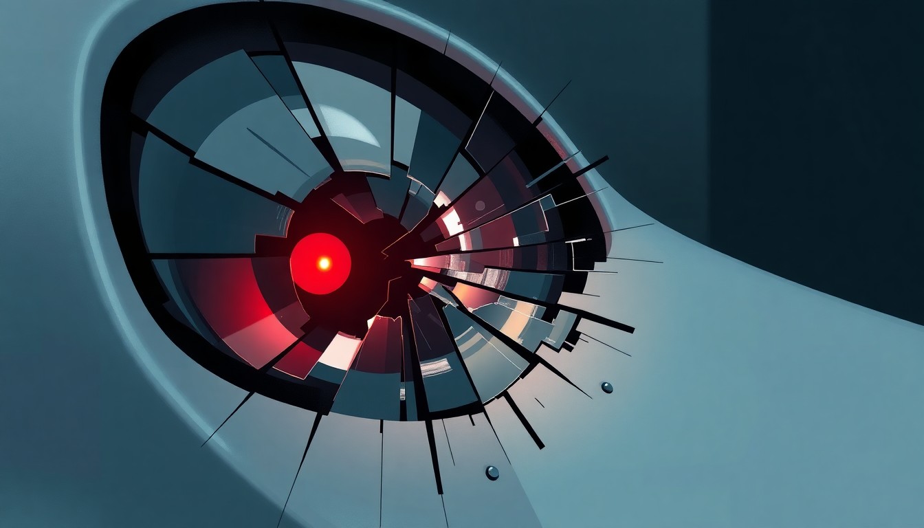 An extreme close-up of a shattered car sensor lens reflecting a faint red light, conceptually illustrating the vandalism of self-driving cars.