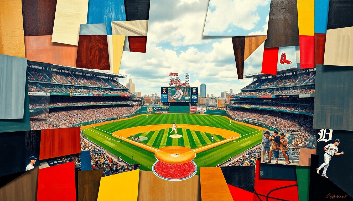 A fragmented, geometric painting depicting a baseball game in progress, with sharp planes of color and form representing the dynamic action on the field.